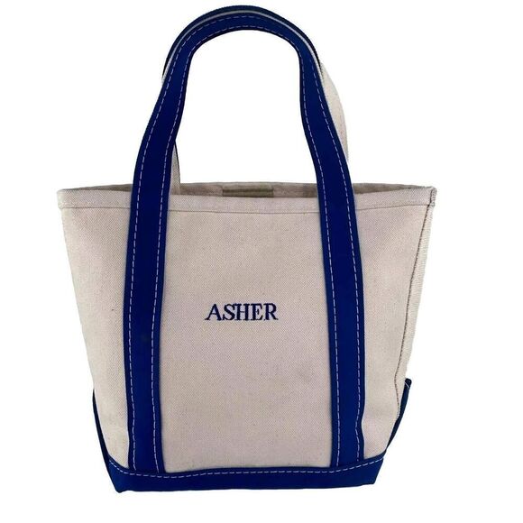 VTG L.L.Bean Boat & Tote Heavy Duty Canvas Bag Beige Blue Tote Handbag Bags - Picture 1 of 12